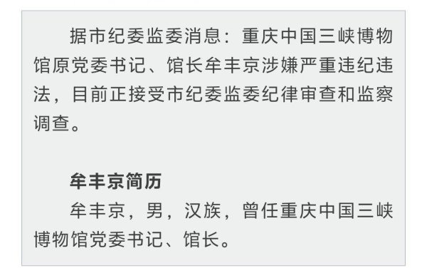 豪泰配资 涉嫌严重违纪违法！重庆中国三峡博物馆原党委书记、馆长牟丰京被查